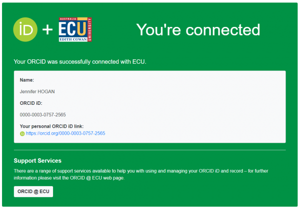 Confirmation you've successfully connected your ORCID iD with ECU