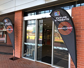 ECU branded banners standing outside the Future Students Walk in office