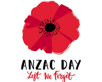 Image of poppy flower and text reading 'Lest We Forget'