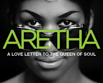 Black and white image of Aretha Franklin with the words ARETHA in green.