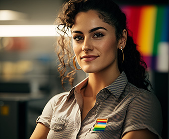 Woman with Pride flag in background