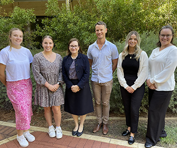 ECU Bachelor of Education (Primary) students Brooke Smith, Cosette Pachioli, Jack Lee, Hannah Cullen and Phillippa Combrink with Executive Dean of Education, Professor Caroline Mansfield. 
