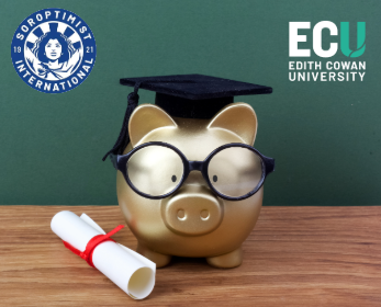 A piggy bank wearing a graduation cap and glasses with a rolled up diploma next to it. The Soroptomist International and ECU logos are in the top corners.