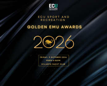 Promotional graphic for the 2026 Golden Emu Awards, presented by ECU Sport and Recreation, on Friday 9 October from 6.00 pm at Hillarys Yacht Club.